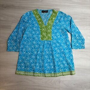 Haute Latitude Tunic Top Womens Blue Green Abstract Print 3/4 Sleeve India Sz S